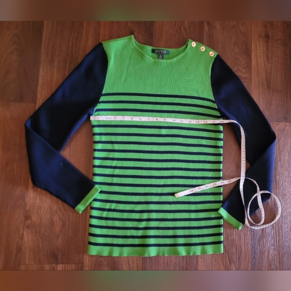 Ralph Lauren button detailed kelly green and navy striped sweater Women's XL - Picture 6 of 7
